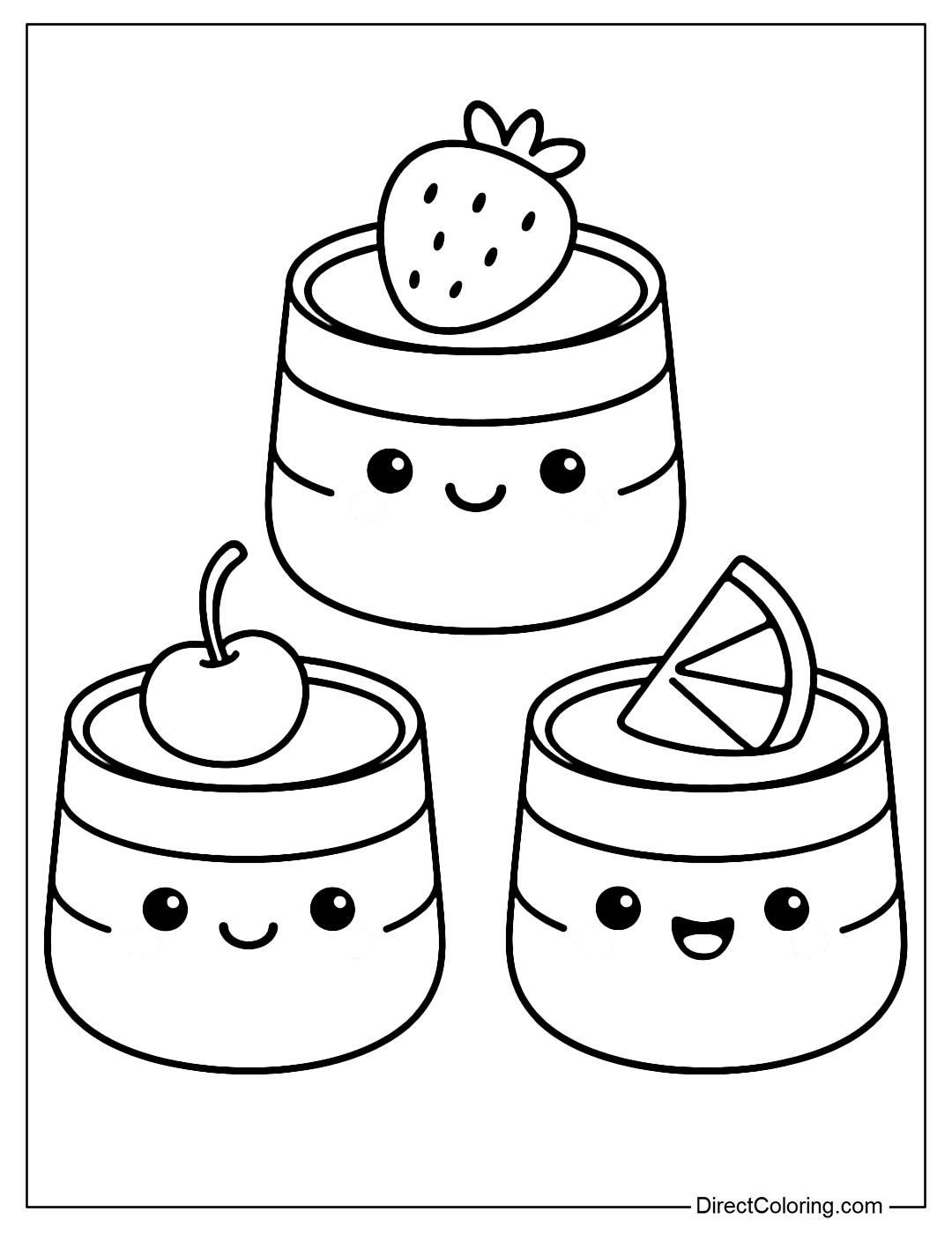 Coloring pages of multi-layered pastel jelly cups, with mini fruit toppings and cute faces.